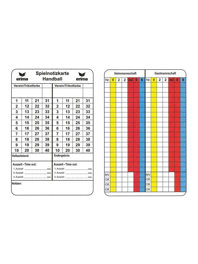Erima Spielnotizkarten Handball
